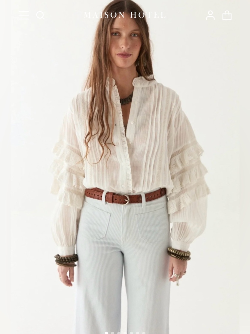 Maison Hotel Omara Blouse Size S White Cuban Schiffli Embroidered Ruffle Cotton